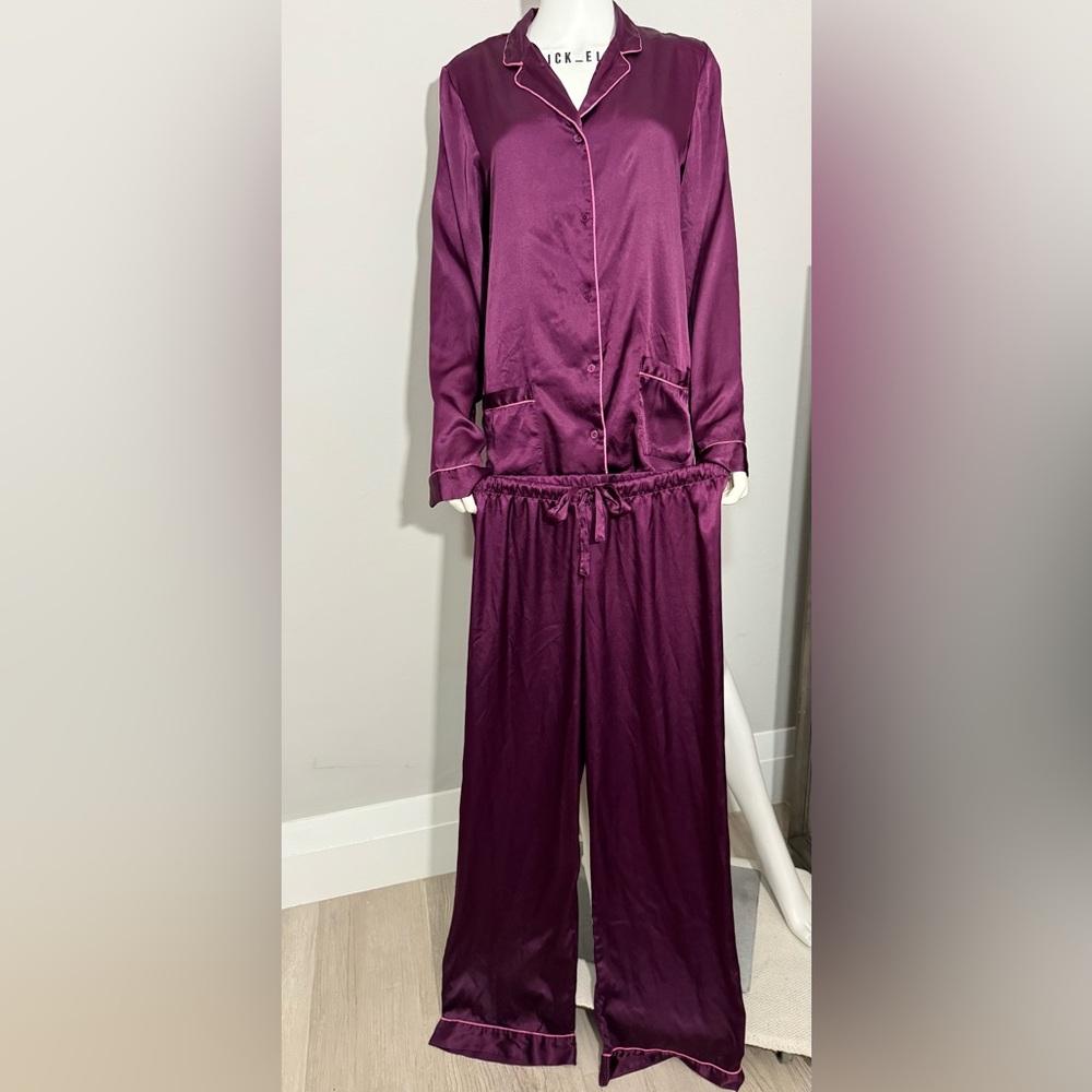2Pc M Vs Victoria’s Secret 2009 Long Satin PJ Pajama Set Deep Purple w/pink trim